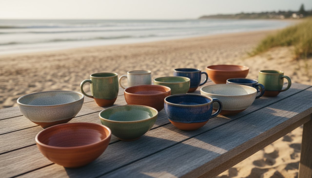 Dramatic, high-angle shot showcasing beautifully crafted handmade ceramics by a Balnarring local artisan, perfectly lit against the soft, natural backdrop of the Balnarring Beach coastline at sunset, emphasizing the quality and texture. This exemplifies expert Balnarring product photography for local artisans.