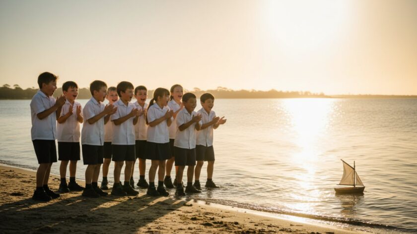 A candid, sun-drenched photograph capturing the Balnarring School Photography Authentic Joy of a group of primary school children laughing together on the Balnarring foreshore during a school excursion, with the ocean sparkling in the background and their uniforms vibrant against the natural setting.