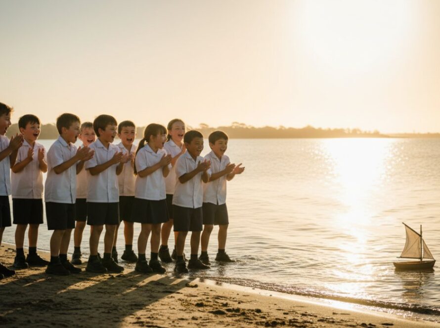 A candid, sun-drenched photograph capturing the Balnarring School Photography Authentic Joy of a group of primary school children laughing together on the Balnarring foreshore during a school excursion, with the ocean sparkling in the background and their uniforms vibrant against the natural setting.