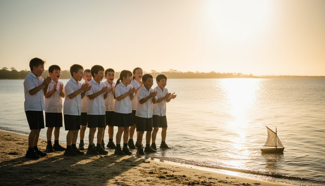 A candid, sun-drenched photograph capturing the Balnarring School Photography Authentic Joy of a group of primary school children laughing together on the Balnarring foreshore during a school excursion, with the ocean sparkling in the background and their uniforms vibrant against the natural setting.