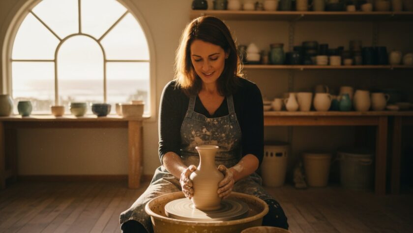 An epic moment capture of a Balnarring artisan in their sunlit studio, proudly showcasing a handcrafted ceramic piece, embodying the authentic visual story for their brand and Balnarring small business visual story branding photography.