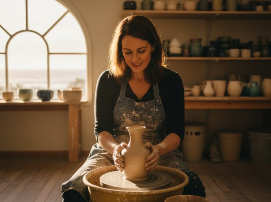 An epic moment capture of a Balnarring artisan in their sunlit studio, proudly showcasing a handcrafted ceramic piece, embodying the authentic visual story for their brand and Balnarring small business visual story branding photography.