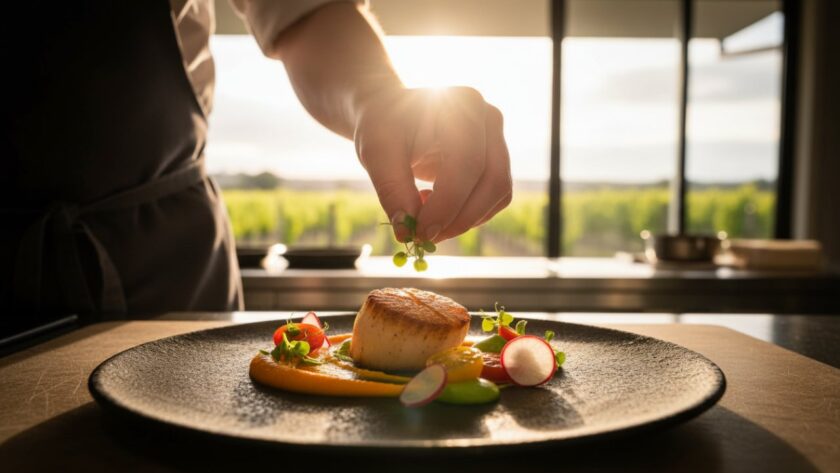 Dramatic shot of a beautifully plated gourmet dish from a Balnarring winery, illuminated by warm, natural light, showcasing exquisite Balnarring winery menu photography for local producers, with a vineyard in the soft background.