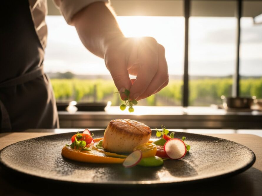 Dramatic shot of a beautifully plated gourmet dish from a Balnarring winery, illuminated by warm, natural light, showcasing exquisite Balnarring winery menu photography for local producers, with a vineyard in the soft background.