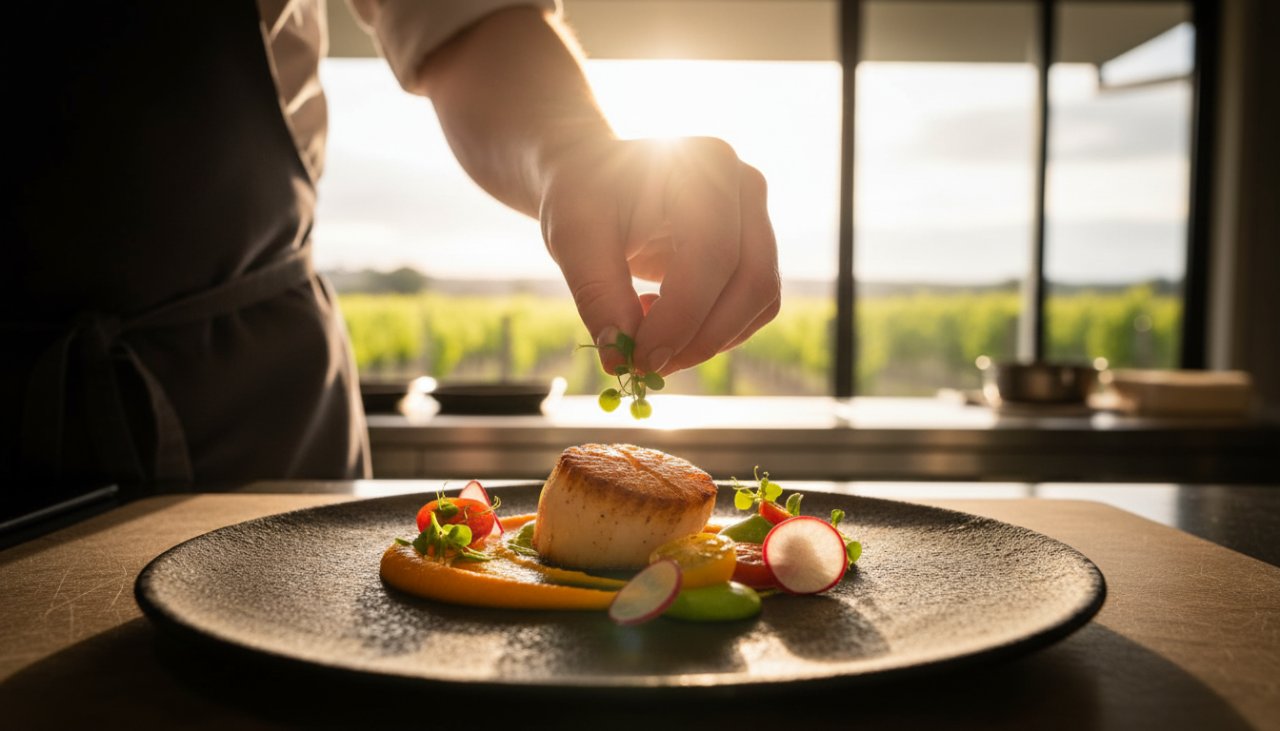 Dramatic shot of a beautifully plated gourmet dish from a Balnarring winery, illuminated by warm, natural light, showcasing exquisite Balnarring winery menu photography for local producers, with a vineyard in the soft background.