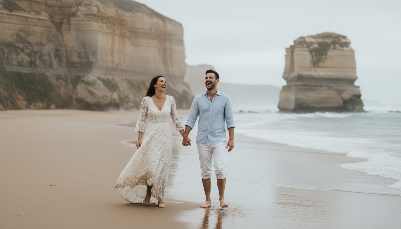 A candid, high-end photograph of a couple laughing joyfully as they walk hand-in-hand along the sandy shores of a Victorian beach, with the dramatic cliffs of the Great Ocean Road in the background under a soft, overcast sky. The image captures their genuine happiness and the expansive beauty of the coastal landscape.