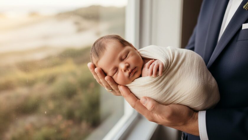 A heartwarming, softly lit, horizontal photograph capturing beautiful candid newborn photography Mornington Peninsula, showing a peaceful baby swaddled in a cream wrap, nestled safely in their parents' hands, with the serene, natural light of a Mornington Peninsula beach house filtering through in the background, evoking a sense of calm and tender love.