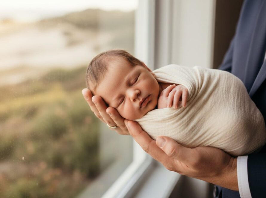 A heartwarming, softly lit, horizontal photograph capturing beautiful candid newborn photography Mornington Peninsula, showing a peaceful baby swaddled in a cream wrap, nestled safely in their parents' hands, with the serene, natural light of a Mornington Peninsula beach house filtering through in the background, evoking a sense of calm and tender love.