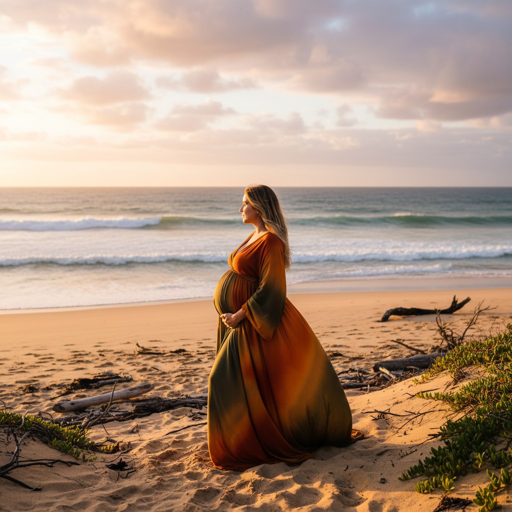 A realistic, high-quality photograph of a pregnant first-time mother in a flowing, earthy-toned dress, standing on a secluded Australian beach at golden hour. She is looking out towards the ocean, with soft light illuminating her baby bump, capturing a sense of calm and natural beauty. The vast, iconic Australian coastline with subtle waves in the background. No text on image.