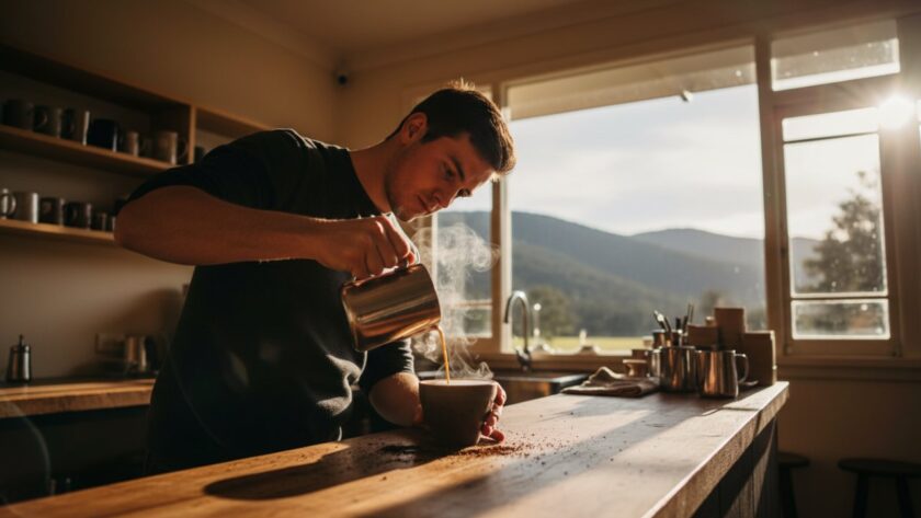 An inspiring wide-angle shot of a local artisan in Belgrave, Victoria, passionately crafting an item in a sunlit workshop, perfectly illustrating Belgrave advertising photography capturing local businesses, with the lush Dandenong Ranges visible in the background.