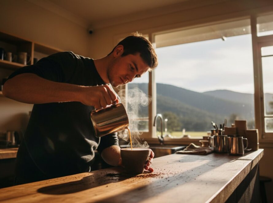 An inspiring wide-angle shot of a local artisan in Belgrave, Victoria, passionately crafting an item in a sunlit workshop, perfectly illustrating Belgrave advertising photography capturing local businesses, with the lush Dandenong Ranges visible in the background.