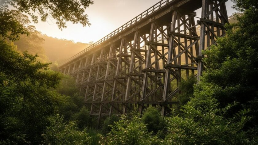 An epic moment capture of Belgrave architecture photography unique angles, showcasing the iconic Puffing Billy railway bridge dramatically lit by a setting sun, with lush Dandenong Ranges foliage in the foreground.