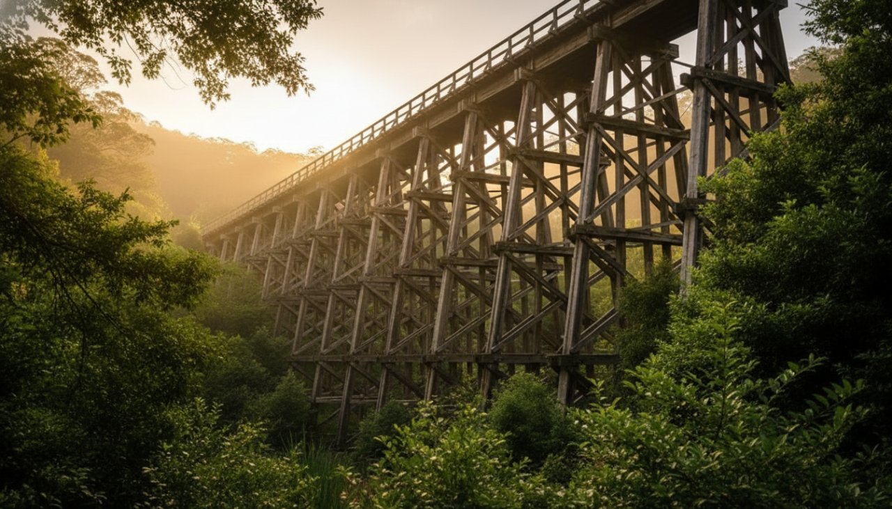 An epic moment capture of Belgrave architecture photography unique angles, showcasing the iconic Puffing Billy railway bridge dramatically lit by a setting sun, with lush Dandenong Ranges foliage in the foreground.