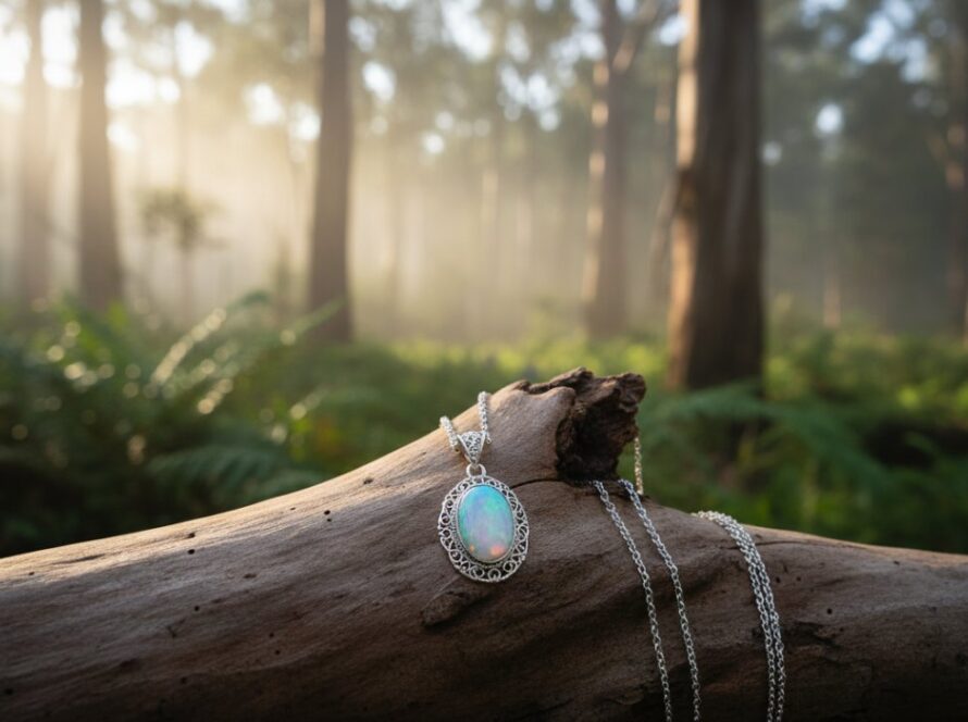 Close-up, high-detail shot of a delicate, handcrafted silver pendant with a gemstone, glowing softly under natural light, showcasing exquisite craftsmanship against a blurred, rustic Belgrave forest backdrop. This stunning image exemplifies expert Belgrave artisan product photography for handcrafted jewellery, capturing an epic moment of radiant beauty.