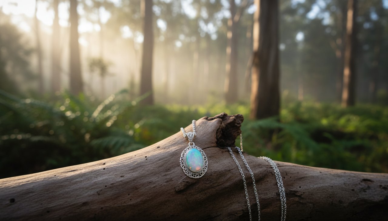 Close-up, high-detail shot of a delicate, handcrafted silver pendant with a gemstone, glowing softly under natural light, showcasing exquisite craftsmanship against a blurred, rustic Belgrave forest backdrop. This stunning image exemplifies expert Belgrave artisan product photography for handcrafted jewellery, capturing an epic moment of radiant beauty.