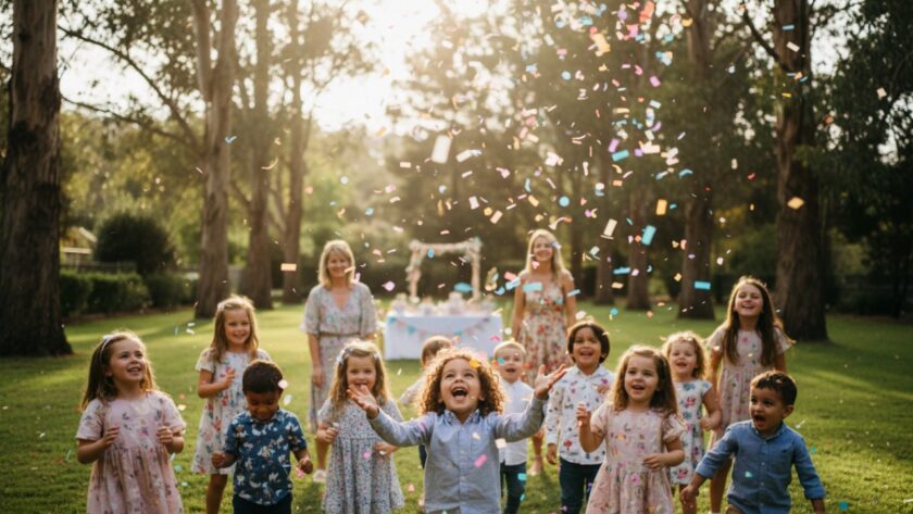 A wide shot capturing the joyful climax of a child's birthday party in Belgrave, Victoria, with a burst of colourful confetti mid-air, a delighted child at the centre laughing, surrounded by blurred but happy family faces, all lit by golden hour sunlight. This Belgrave birthday party photography candid moment perfectly encapsulates pure joy and celebration.