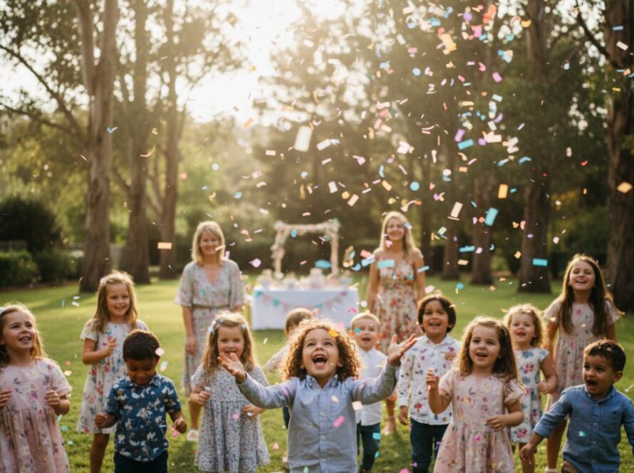 A wide shot capturing the joyful climax of a child's birthday party in Belgrave, Victoria, with a burst of colourful confetti mid-air, a delighted child at the centre laughing, surrounded by blurred but happy family faces, all lit by golden hour sunlight. This Belgrave birthday party photography candid moment perfectly encapsulates pure joy and celebration.