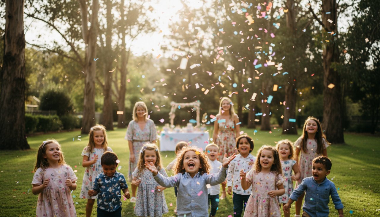 A wide shot capturing the joyful climax of a child's birthday party in Belgrave, Victoria, with a burst of colourful confetti mid-air, a delighted child at the centre laughing, surrounded by blurred but happy family faces, all lit by golden hour sunlight. This Belgrave birthday party photography candid moment perfectly encapsulates pure joy and celebration.