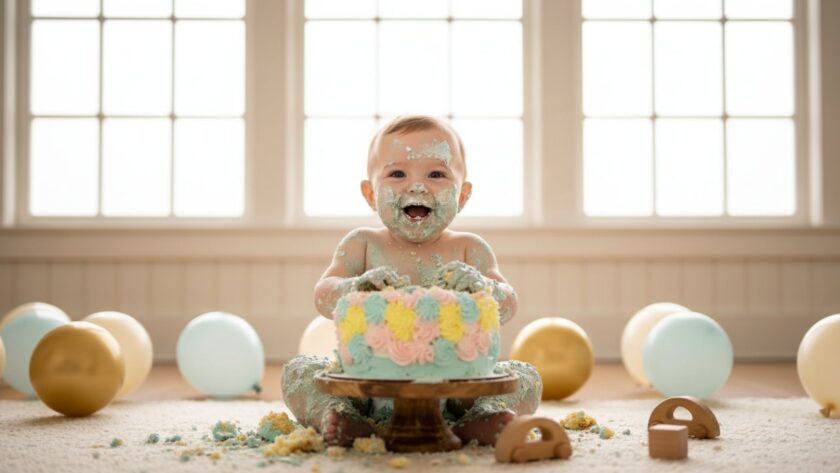 An adorable baby, covered in frosting from a Belgrave cake smash photography vibrant first birthday session, laughing ecstatically amidst colourful balloons and soft dappled sunlight in a rustic Belgrave studio setting.