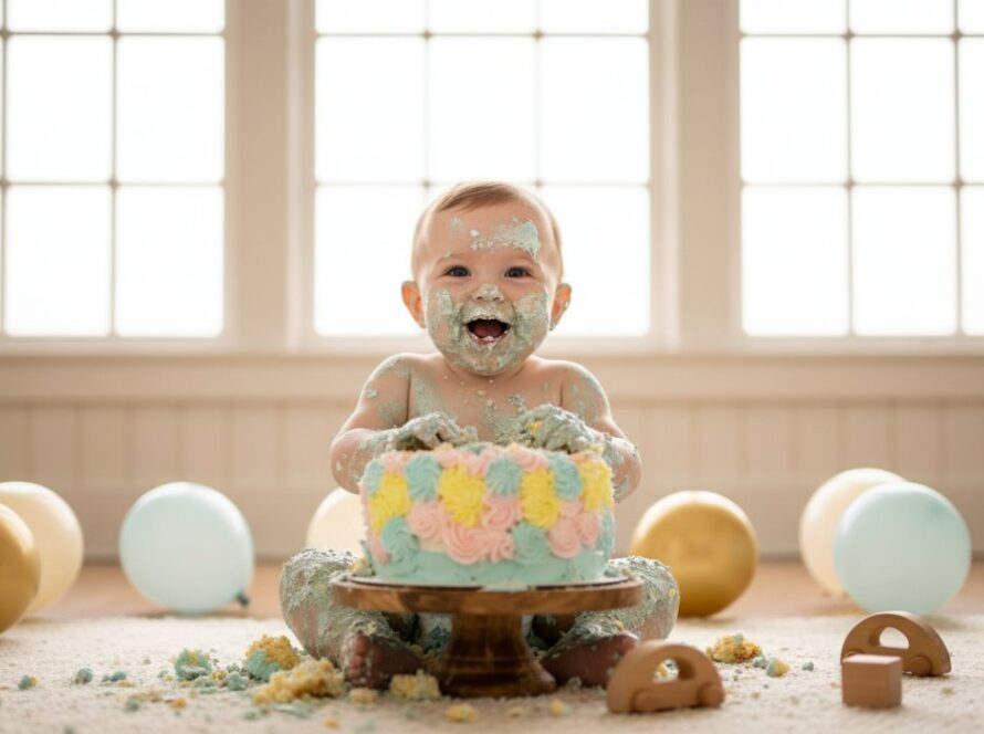An adorable baby, covered in frosting from a Belgrave cake smash photography vibrant first birthday session, laughing ecstatically amidst colourful balloons and soft dappled sunlight in a rustic Belgrave studio setting.