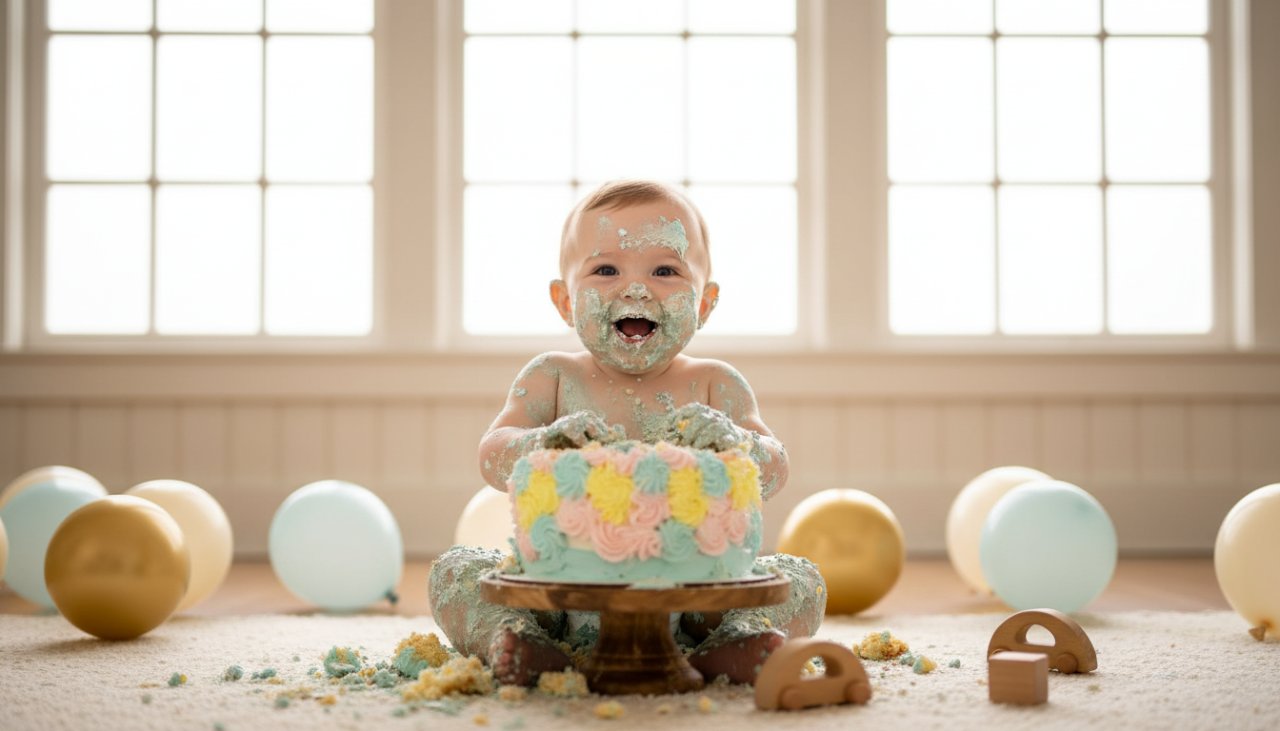 An adorable baby, covered in frosting from a Belgrave cake smash photography vibrant first birthday session, laughing ecstatically amidst colourful balloons and soft dappled sunlight in a rustic Belgrave studio setting.