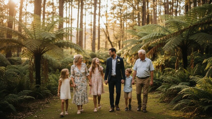 A beautiful, sun-drenched photograph showing a family laughing genuinely together amidst the lush fern gully in Belgrave, embodying Belgrave Candid Photography Genuine Family Joy.