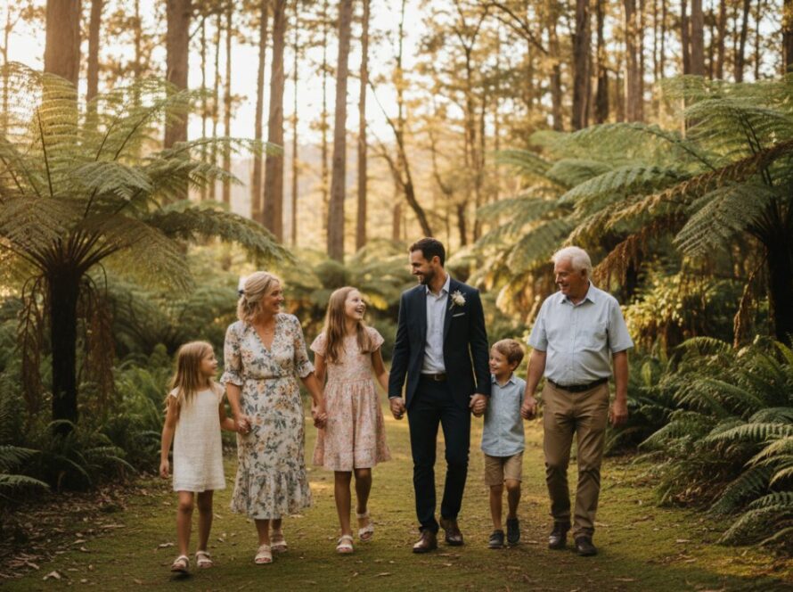 A beautiful, sun-drenched photograph showing a family laughing genuinely together amidst the lush fern gully in Belgrave, embodying Belgrave Candid Photography Genuine Family Joy.