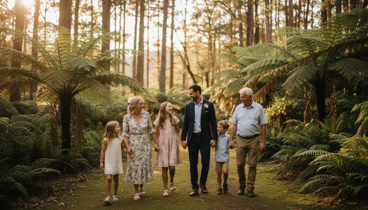 A beautiful, sun-drenched photograph showing a family laughing genuinely together amidst the lush fern gully in Belgrave, embodying Belgrave Candid Photography Genuine Family Joy.