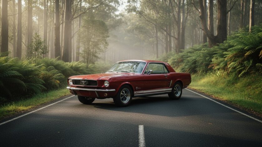 Dramatic shot of a vintage muscle car parked amidst the misty, winding roads of the Dandenong Ranges, showcasing expert Belgrave classic car photography Dandenongs with dappled sunlight.