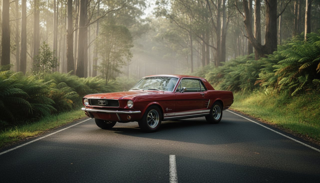 Dramatic shot of a vintage muscle car parked amidst the misty, winding roads of the Dandenong Ranges, showcasing expert Belgrave classic car photography Dandenongs with dappled sunlight.
