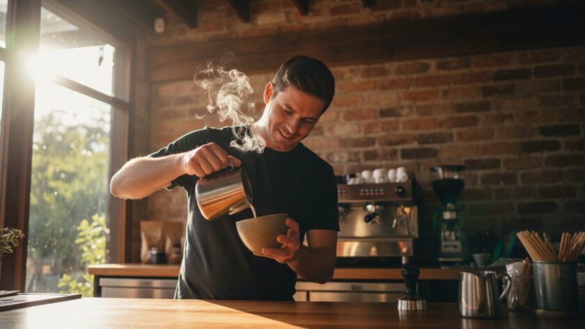 An inspiring wide-angle shot of a local artisan in Belgrave, Victoria, passionately crafting pottery in their sun-drenched studio, showcasing authentic Belgrave commercial photography for local businesses, with the lush Dandenong Ranges visible through a large window, capturing a moment of skilled creation and dedication.