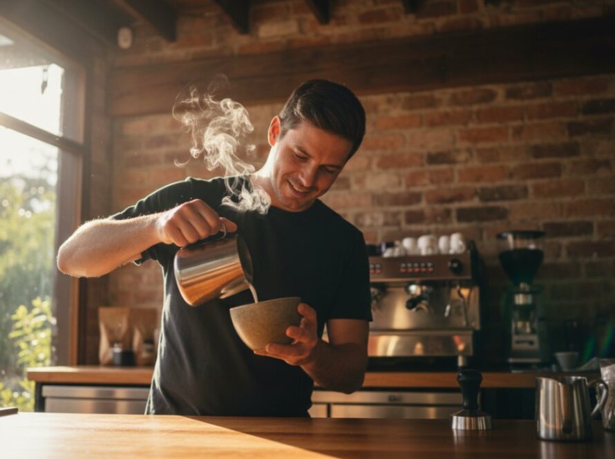 An inspiring wide-angle shot of a local artisan in Belgrave, Victoria, passionately crafting pottery in their sun-drenched studio, showcasing authentic Belgrave commercial photography for local businesses, with the lush Dandenong Ranges visible through a large window, capturing a moment of skilled creation and dedication.