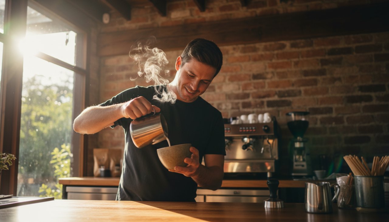 An inspiring wide-angle shot of a local artisan in Belgrave, Victoria, passionately crafting pottery in their sun-drenched studio, showcasing authentic Belgrave commercial photography for local businesses, with the lush Dandenong Ranges visible through a large window, capturing a moment of skilled creation and dedication.