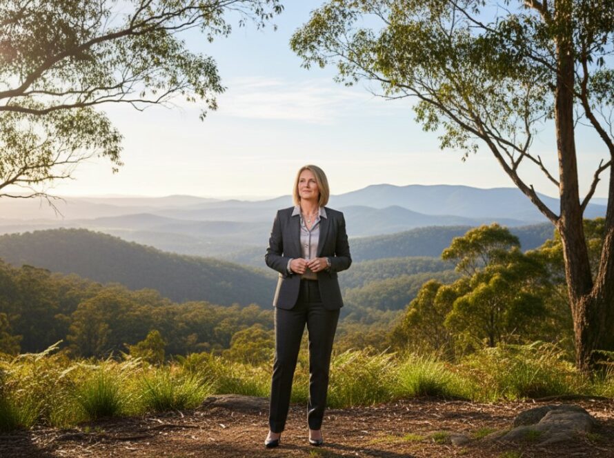 A dynamic shot of a business leader smiling confidently during a Belgrave Corporate Photography for Professional Brand Storytelling session, standing amidst lush Dandenong Ranges scenery, sunlight filtering through eucalyptus trees, embodying local success.