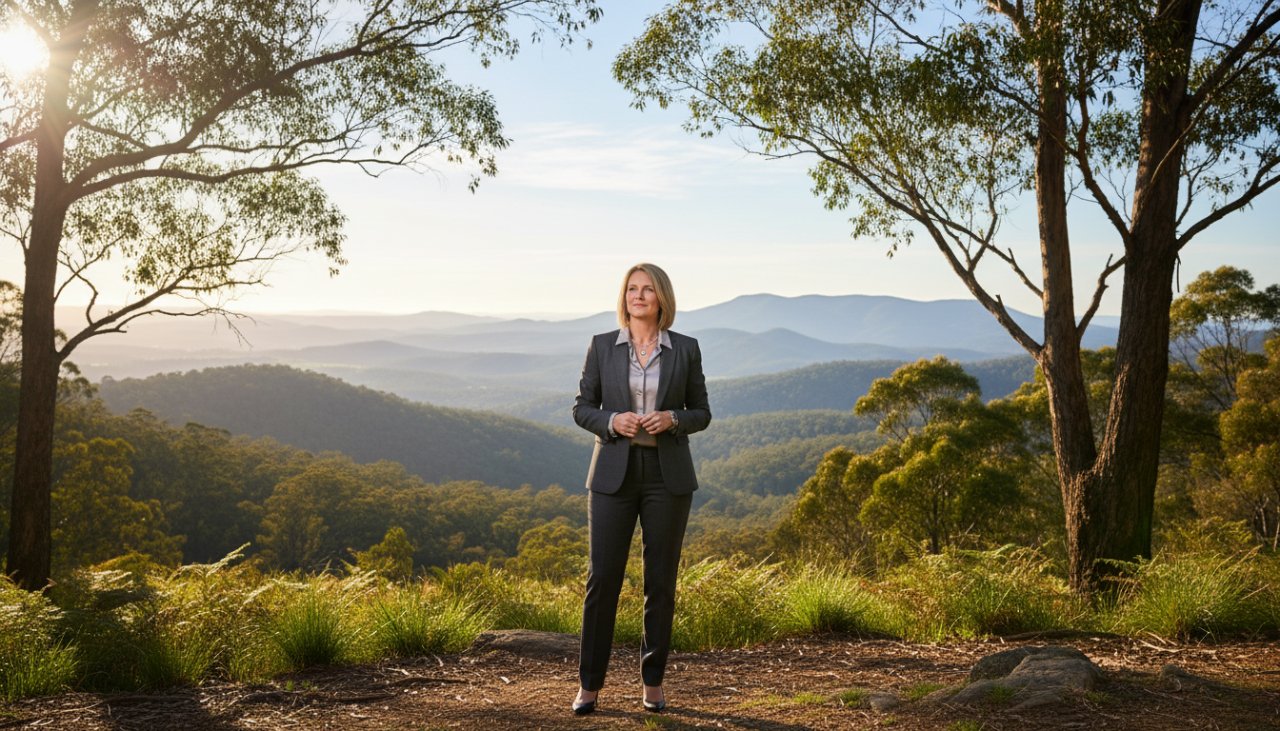 A dynamic shot of a business leader smiling confidently during a Belgrave Corporate Photography for Professional Brand Storytelling session, standing amidst lush Dandenong Ranges scenery, sunlight filtering through eucalyptus trees, embodying local success.