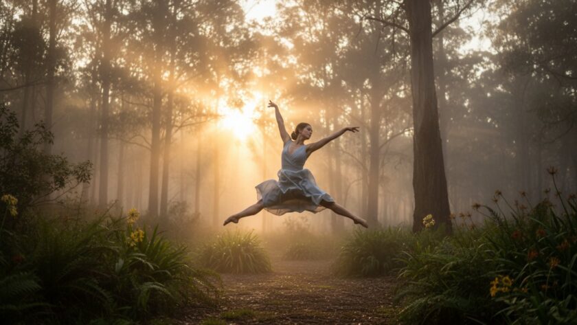 A powerful male contemporary dancer mid-air, silhouetted against a dramatic Belgrave sunset filtering through ancient gum trees, embodying the spirit of Belgrave dance photography capturing expressive movement. The shot highlights his strong form, the fluid lines of his pose, and the vibrant colours of the Dandenong Ranges at dusk.