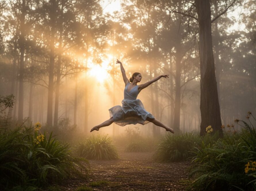 A powerful male contemporary dancer mid-air, silhouetted against a dramatic Belgrave sunset filtering through ancient gum trees, embodying the spirit of Belgrave dance photography capturing expressive movement. The shot highlights his strong form, the fluid lines of his pose, and the vibrant colours of the Dandenong Ranges at dusk.