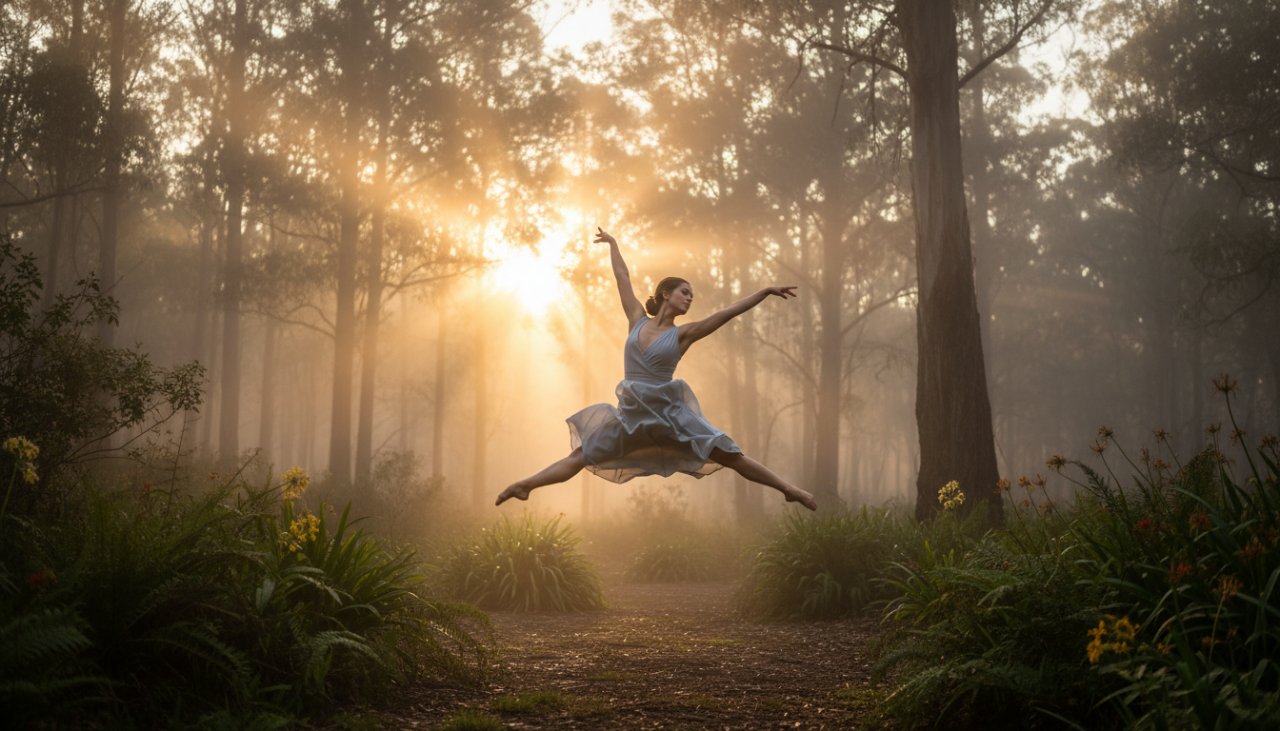 A powerful male contemporary dancer mid-air, silhouetted against a dramatic Belgrave sunset filtering through ancient gum trees, embodying the spirit of Belgrave dance photography capturing expressive movement. The shot highlights his strong form, the fluid lines of his pose, and the vibrant colours of the Dandenong Ranges at dusk.