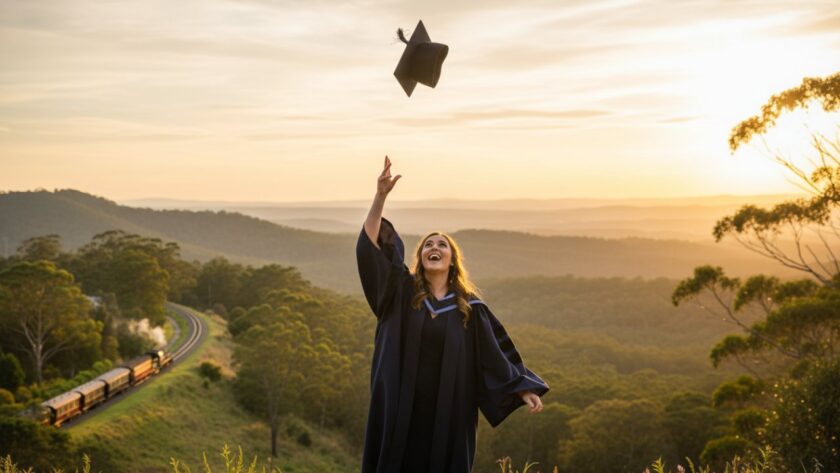 An epic moment captured in Belgrave Dandenong Ranges graduation portrait photography, featuring a proud graduate tossing their cap against a vibrant sunset over the Dandenong Ranges, full of joy and accomplishment.