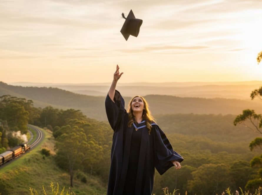 An epic moment captured in Belgrave Dandenong Ranges graduation portrait photography, featuring a proud graduate tossing their cap against a vibrant sunset over the Dandenong Ranges, full of joy and accomplishment.