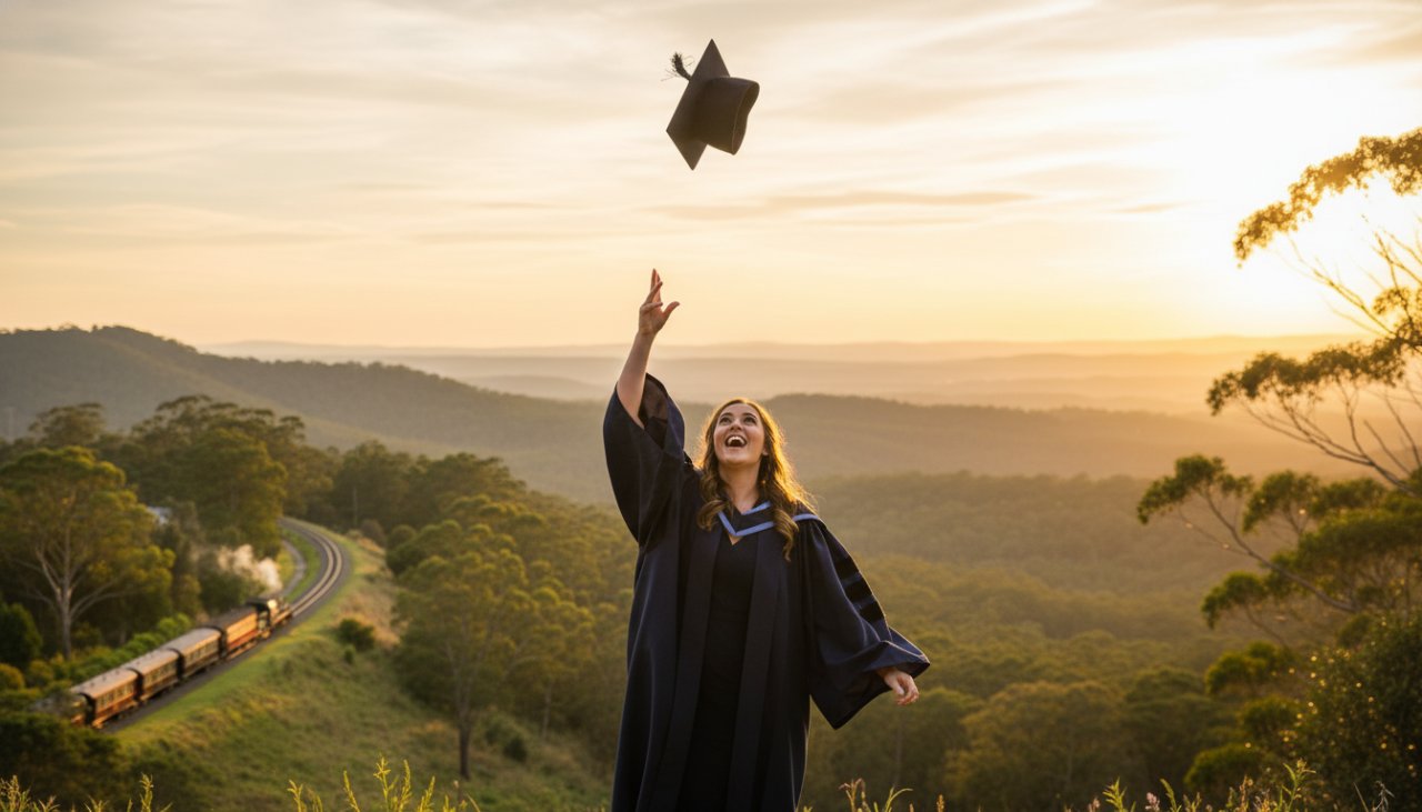 An epic moment captured in Belgrave Dandenong Ranges graduation portrait photography, featuring a proud graduate tossing their cap against a vibrant sunset over the Dandenong Ranges, full of joy and accomplishment.
