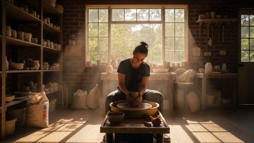 An epic moment captured by Belgrave Editorial Photography for Unique Local Stories Victoria, featuring a local artisan passionately crafting pottery in a sunlit Dandenong Ranges studio, highlighting dedication and the rustic charm of Belgrave.