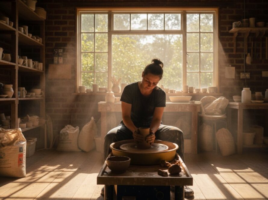 An epic moment captured by Belgrave Editorial Photography for Unique Local Stories Victoria, featuring a local artisan passionately crafting pottery in a sunlit Dandenong Ranges studio, highlighting dedication and the rustic charm of Belgrave.
