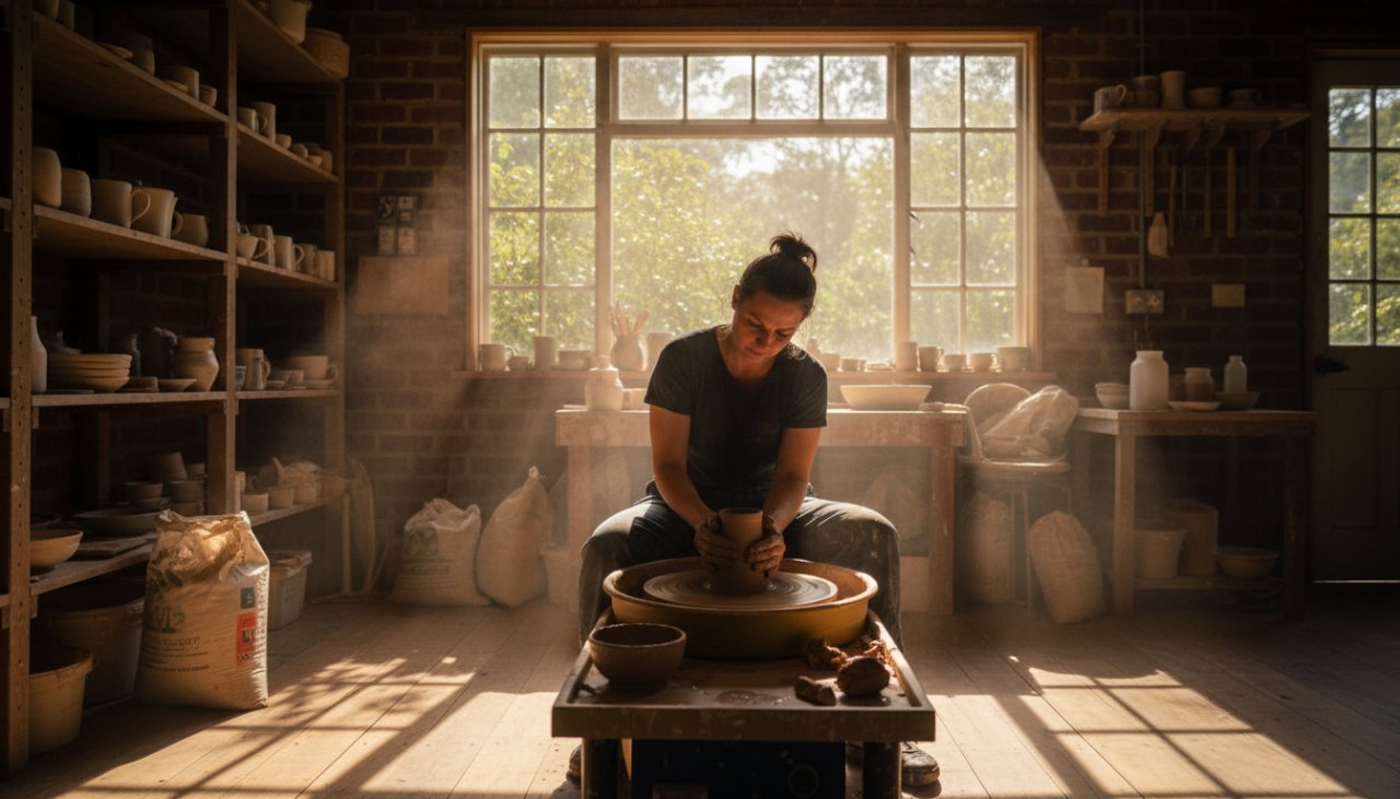 An epic moment captured by Belgrave Editorial Photography for Unique Local Stories Victoria, featuring a local artisan passionately crafting pottery in a sunlit Dandenong Ranges studio, highlighting dedication and the rustic charm of Belgrave.