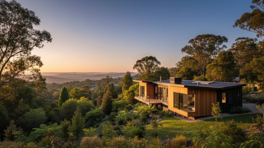 An epic, wide-angle shot showcasing Belgrave Heights architectural photography excellence, featuring a modern, timber-clad house bathed in golden hour light against a backdrop of rolling Dandenong Ranges hills, with dramatic shadows and a clear blue sky.