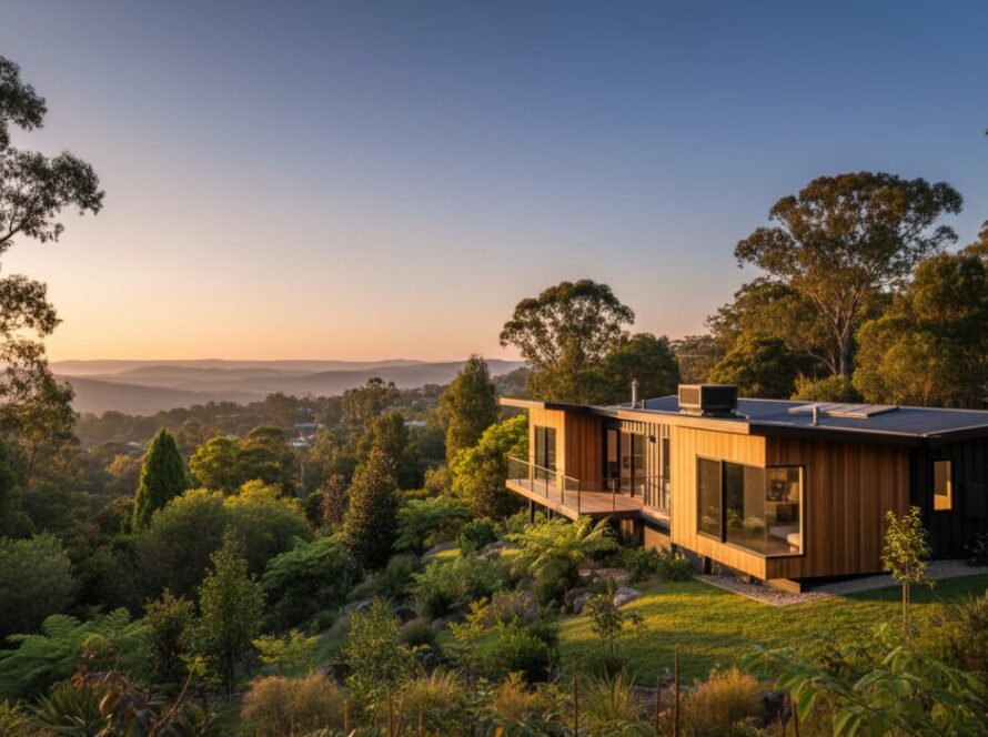 An epic, wide-angle shot showcasing Belgrave Heights architectural photography excellence, featuring a modern, timber-clad house bathed in golden hour light against a backdrop of rolling Dandenong Ranges hills, with dramatic shadows and a clear blue sky.