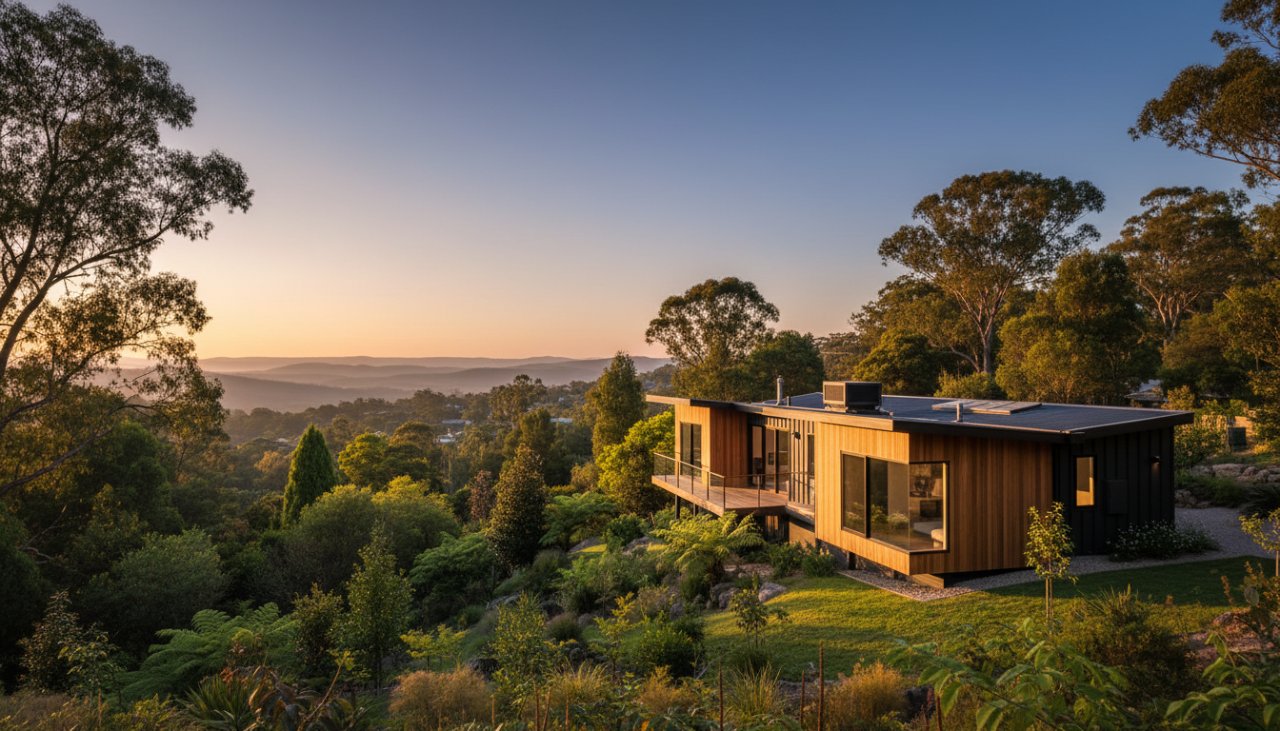 An epic, wide-angle shot showcasing Belgrave Heights architectural photography excellence, featuring a modern, timber-clad house bathed in golden hour light against a backdrop of rolling Dandenong Ranges hills, with dramatic shadows and a clear blue sky.