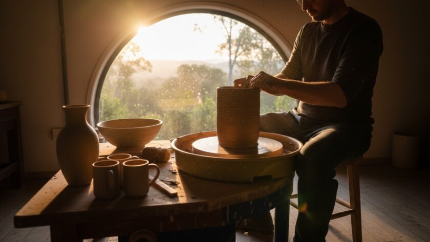 A close-up, dramatic shot of a handcrafted ceramic mug, showcasing intricate details and textures, bathed in soft, natural light filtering through tall eucalyptus trees in Belgrave Heights, capturing the essence of local artisanal product photography for local makers.