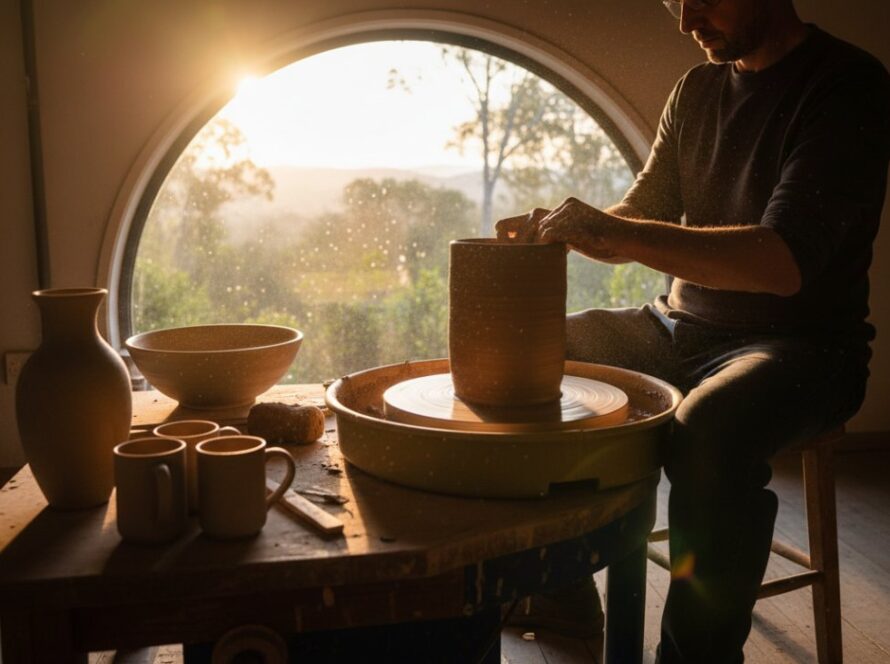 A close-up, dramatic shot of a handcrafted ceramic mug, showcasing intricate details and textures, bathed in soft, natural light filtering through tall eucalyptus trees in Belgrave Heights, capturing the essence of local artisanal product photography for local makers.