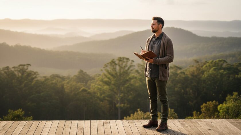 An inspiring, wide-angle shot capturing a creative entrepreneur in Belgrave Heights, deep in thought amidst the lush Dandenongs, holding a beautifully designed product, illuminated by golden hour light, reflecting the essence of Belgrave Heights bespoke branding photography for creative entrepreneurs.